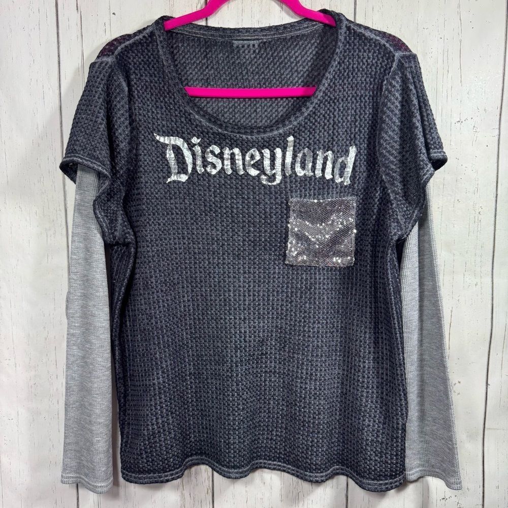 Disney Womens Sequins Pocket Thermal Waffle Knit Top Gray Long Sleeve T Shirt